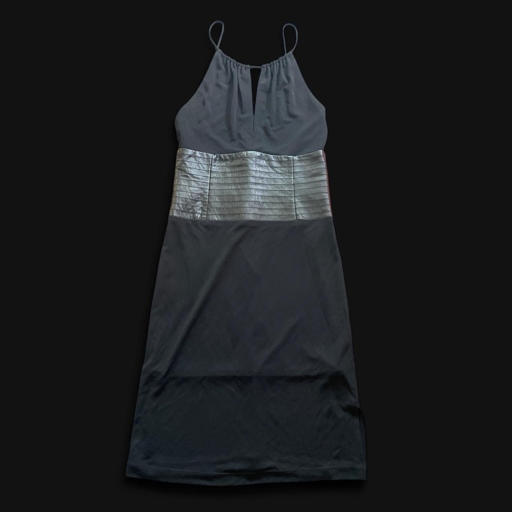 BCBGMAXAZRIA Black bodycon low back dress with faux leather waistband